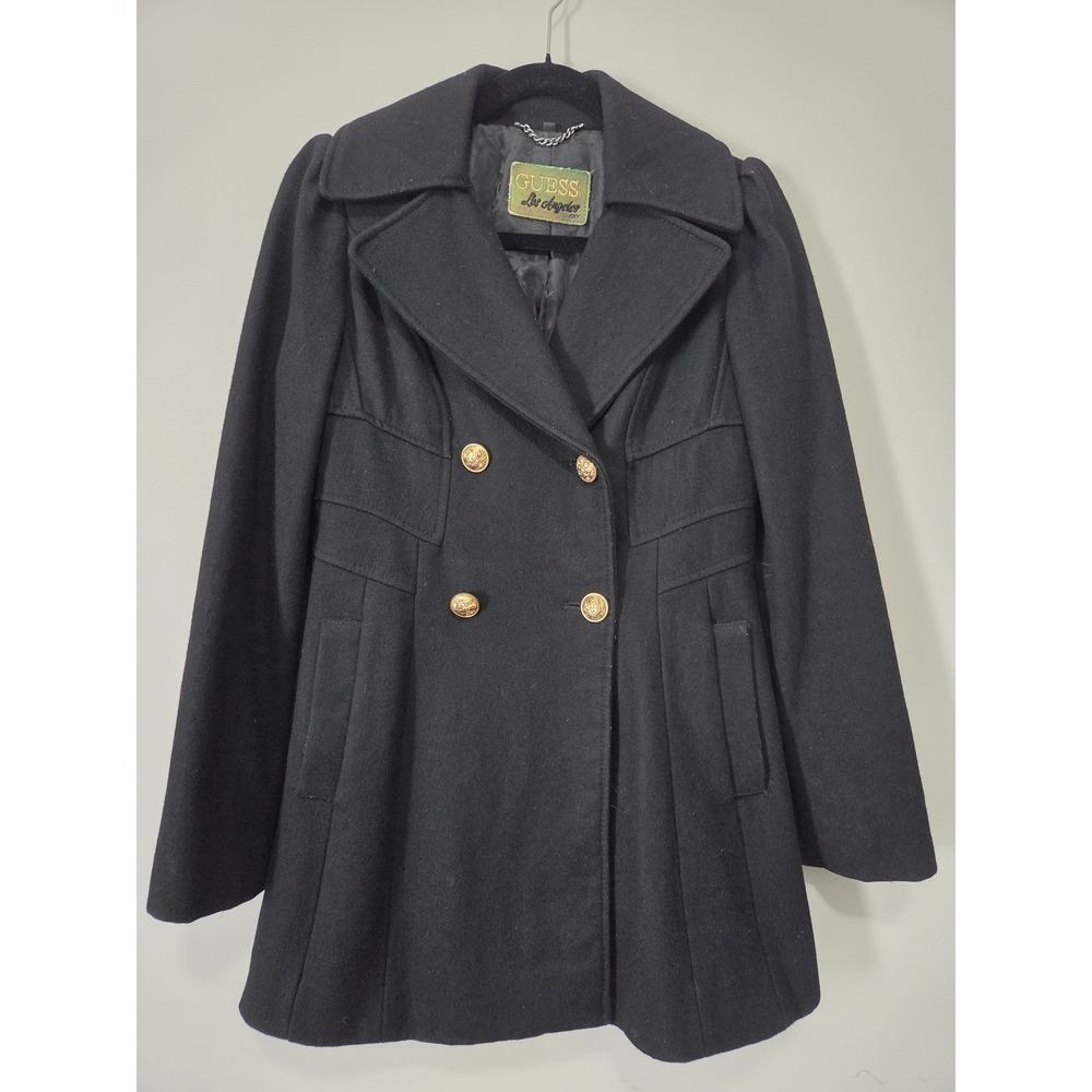 Guess Los Angeles‎ Womens Black Double Breasted Gold Button Pea Coat Jacket